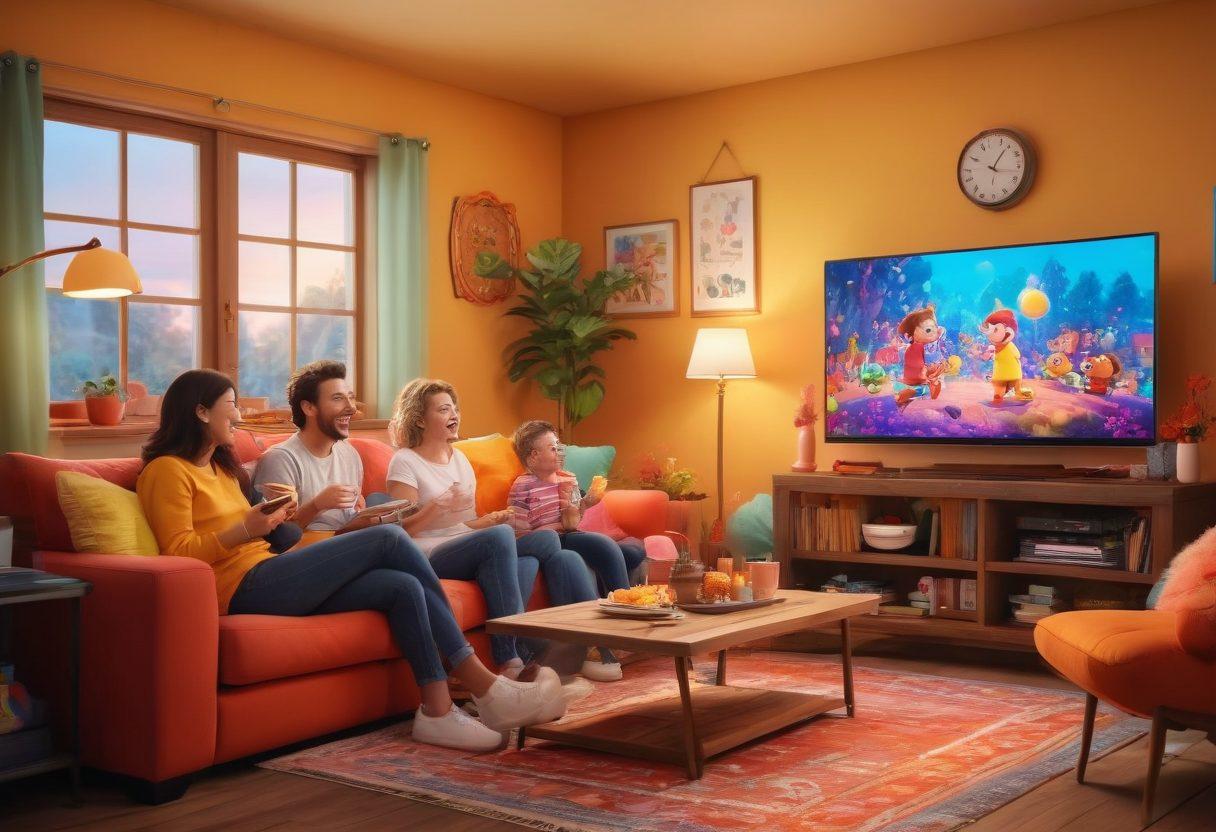 A whimsical scene featuring a diverse group of people of all ages gathered around a large television screen, laughing and enjoying a vibrant cartoon show. The room is filled with colorful cushions, snack bowls, and playful decorations that evoke a sense of fun and joy. Cartoon characters can be faintly seen on the screen, bright and captivating, inviting viewers to join in the laughter. The atmosphere should convey warmth and togetherness, with vibrant colors enhancing the cheerful mood. cartoonish style. bright colors. cozy setting.